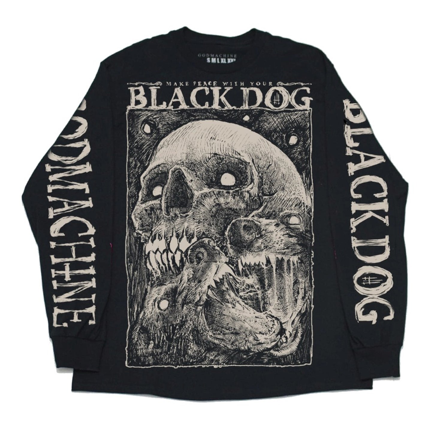 Long sleeve  t-shirt with staring skull and two angry barking dogs with phrase make peace with your black dog.