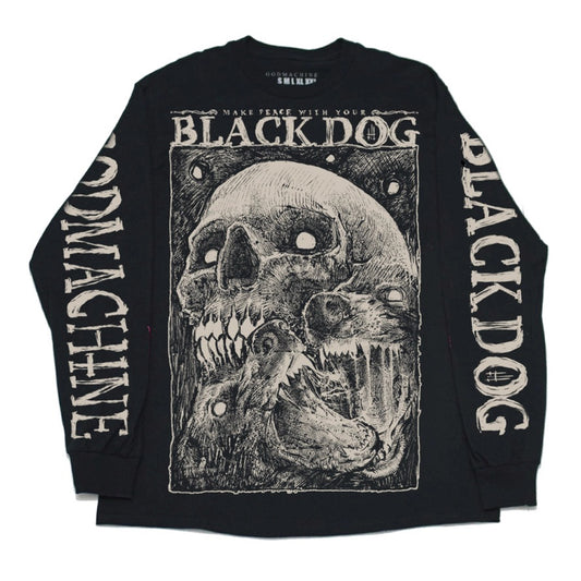Long sleeve  t-shirt with staring skull and two angry barking dogs with phrase make peace with your black dog.