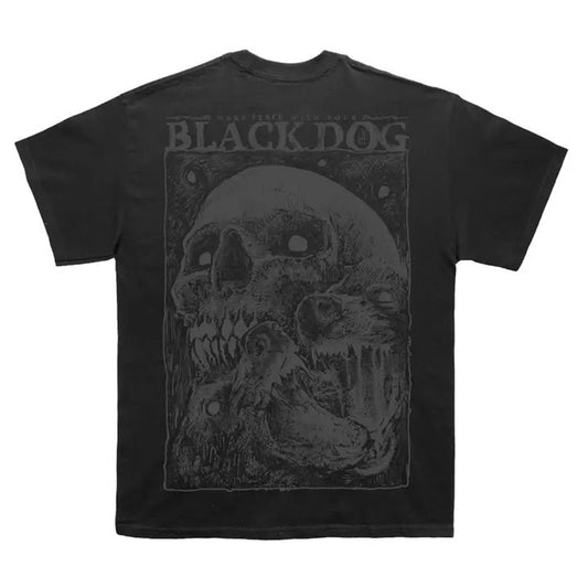 Short sleeve black t-shirt with charcoal print on back of a staring skull and two angry barking dogs with phrase make peace with your black dog.