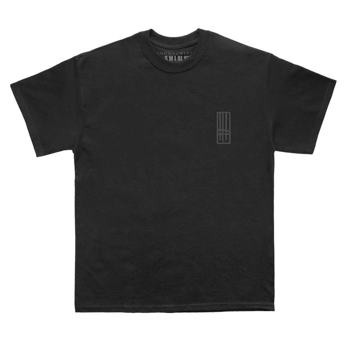 Front of Short sleeve black  t-shirt with small Godmachine crossed logo left chest front.