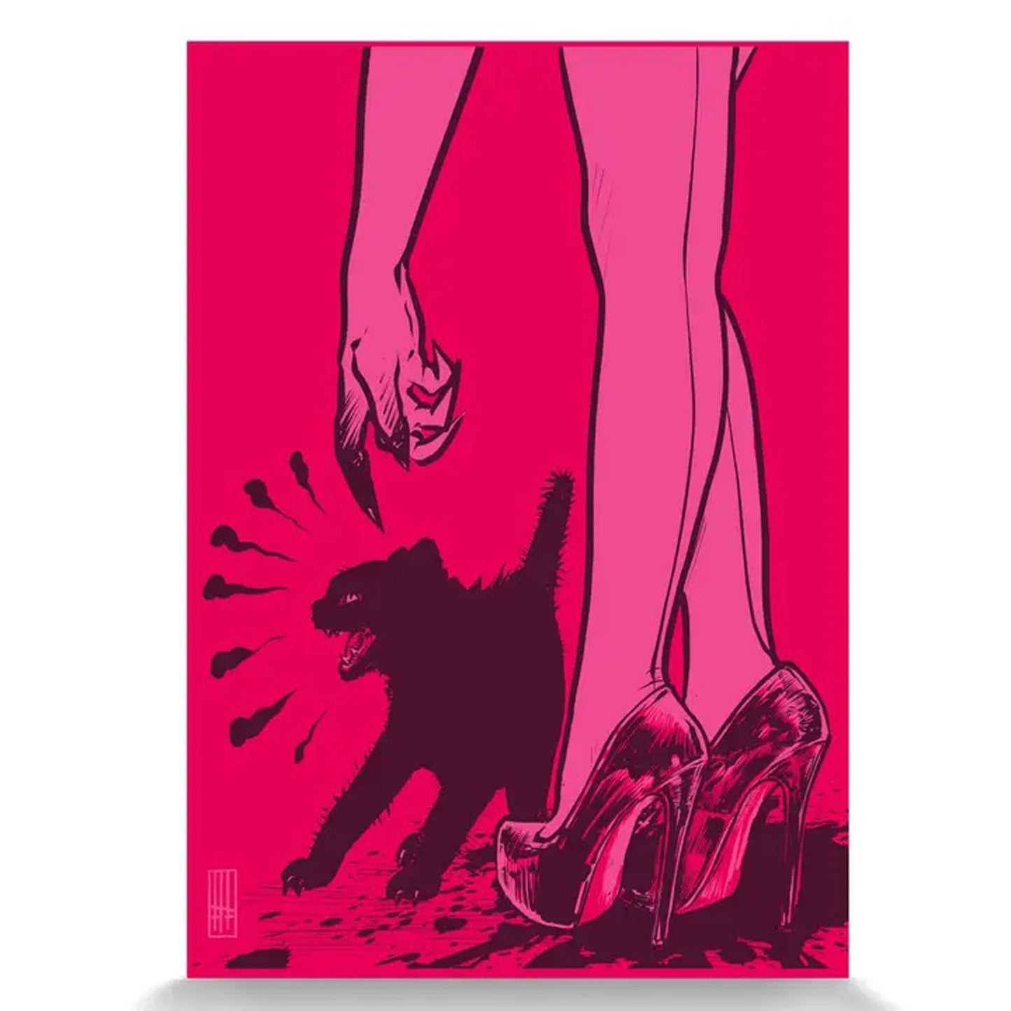 Graphic artwork in black pink and red of a pair of ladies legs, wearing high heels with an angry black cat.