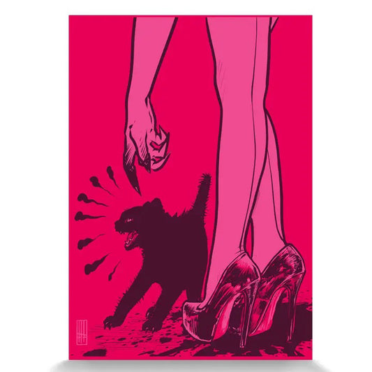 Graphic artwork in black pink and red of a pair of ladies legs, wearing high heels with an angry black cat.