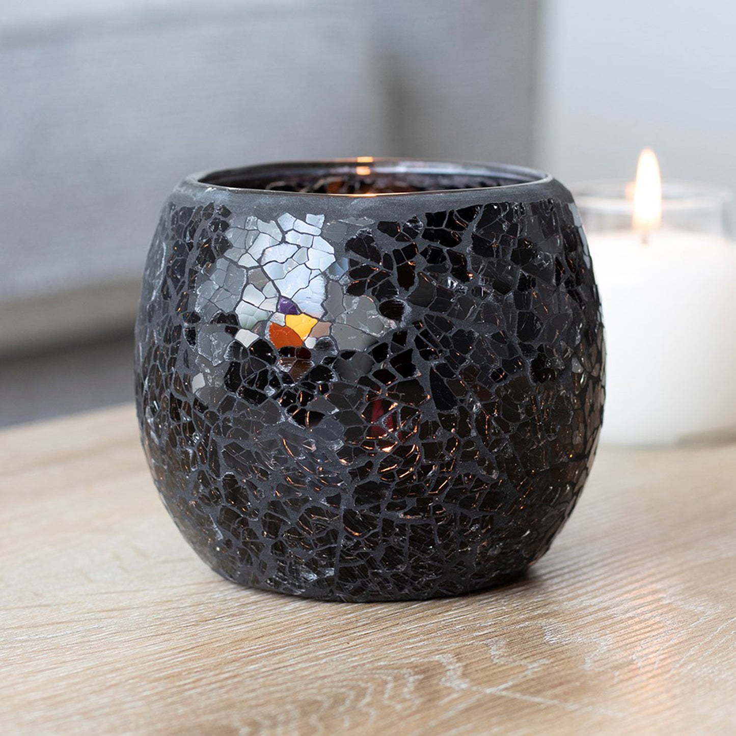 LARGE CRACKLE GLASS CANDLE HOLDER Black