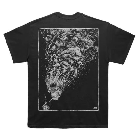 Black t-shirt with oversized grey colour back print with skull lighting a cigarette with a match and their head set on fire and billowing smoke.