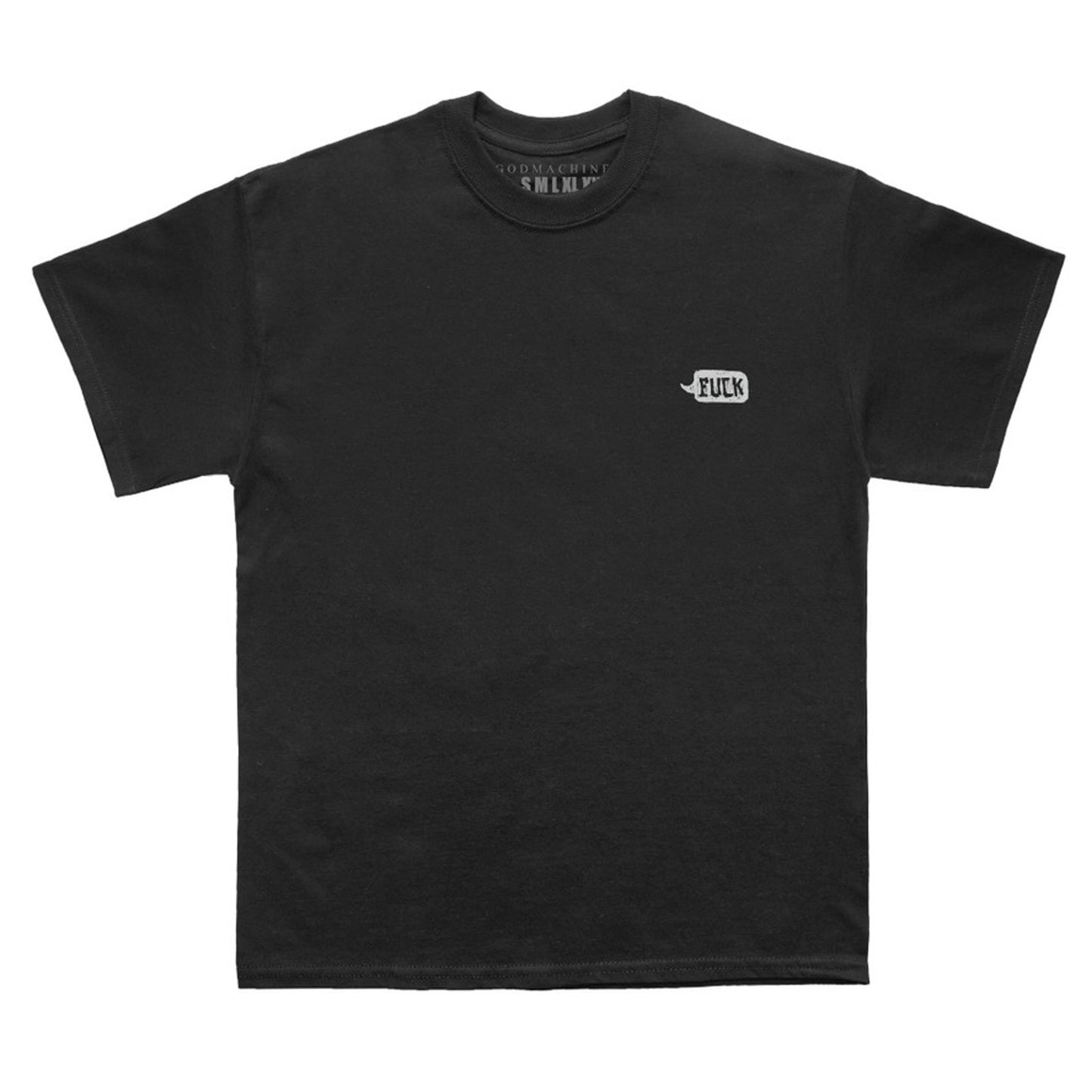 Front of Man on Fire t-shirt with Fuck speech bubble left chest area.