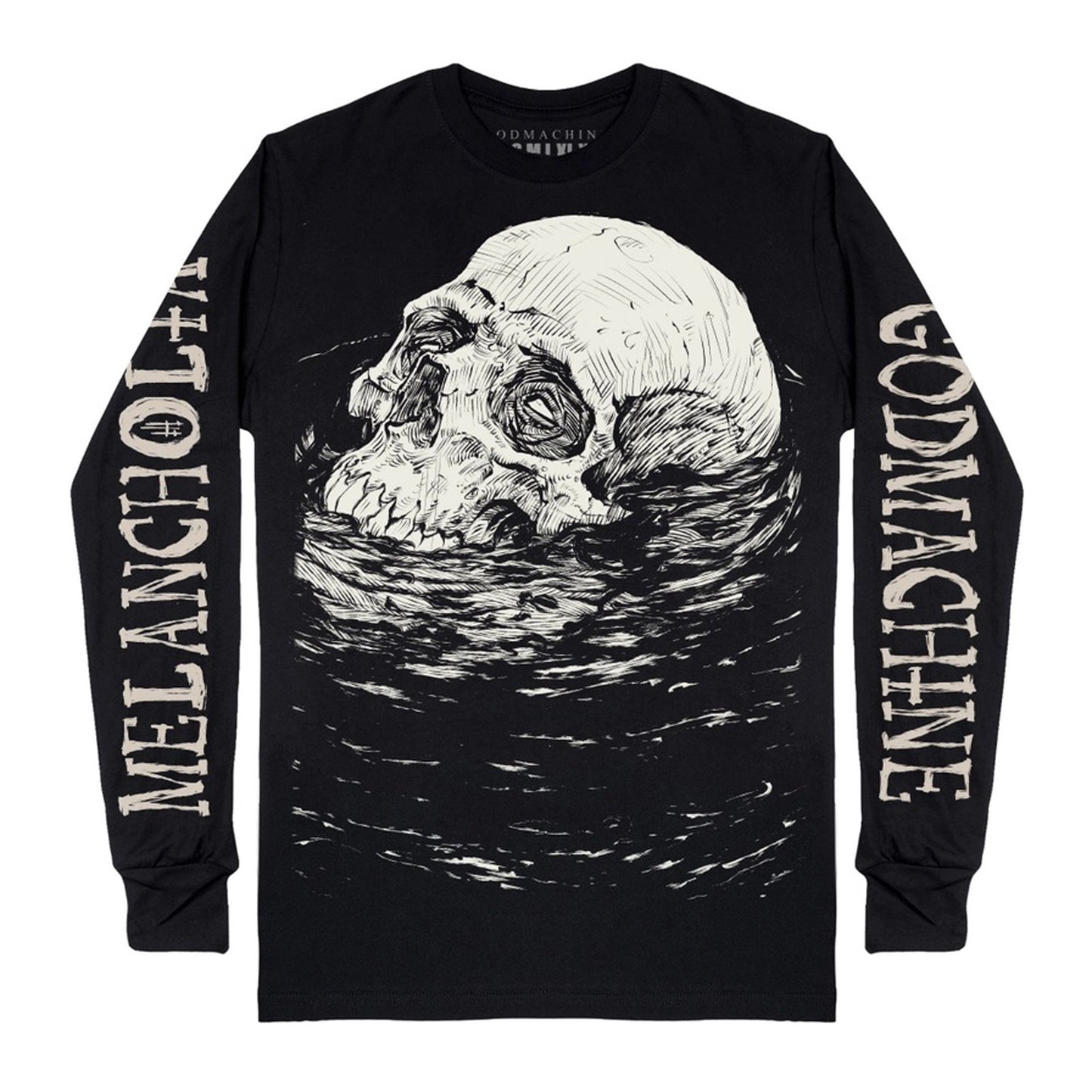 Long sleeve Unisex t-shirt featuring oversized graphic skull floating in water with the word Melancholia down one sleeve and Godmachine brand name printed down the other.