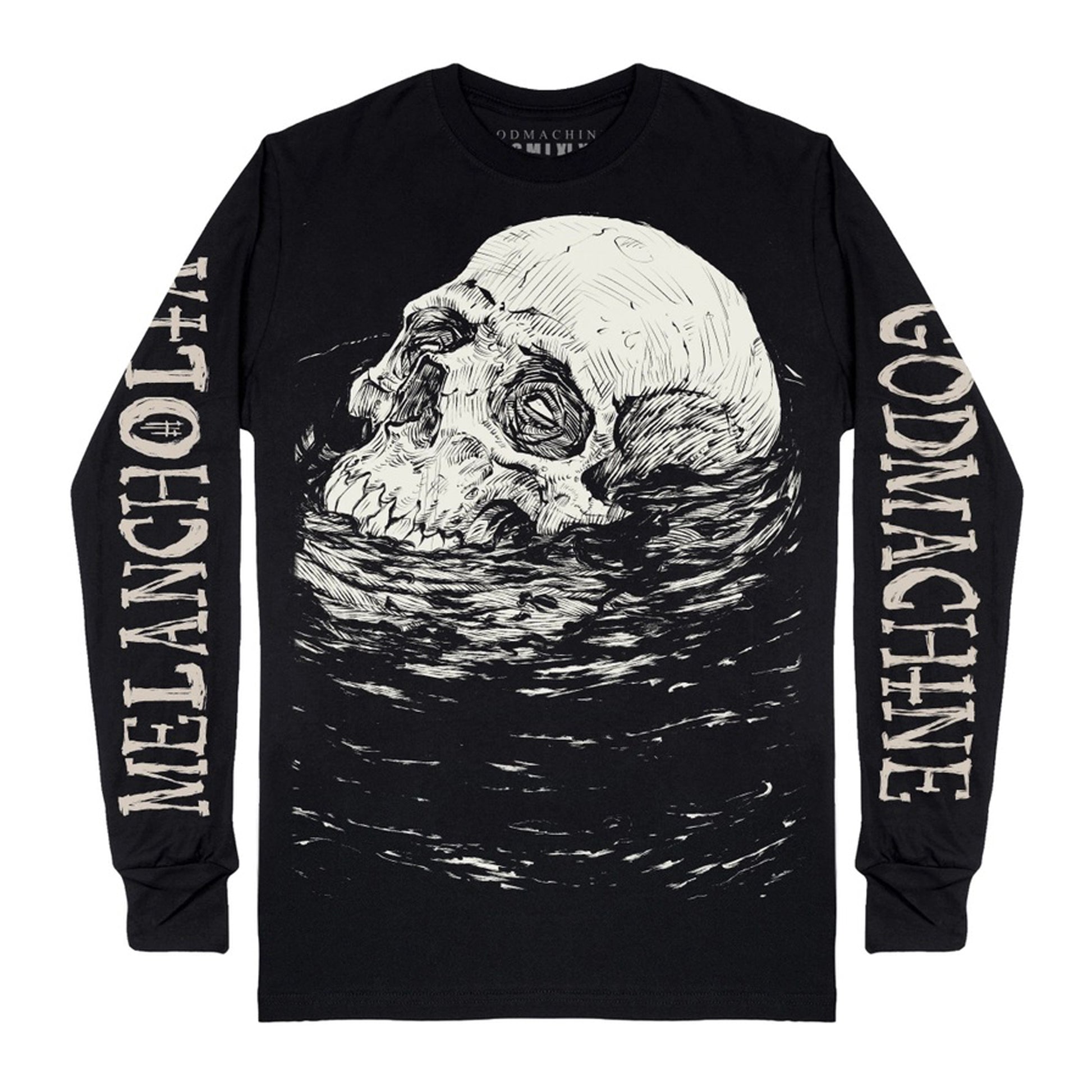 Long sleeve Unisex t-shirt featuring oversized graphic skull floating in water with the word Melancholia down one sleeve and Godmachine brand name printed down the other.