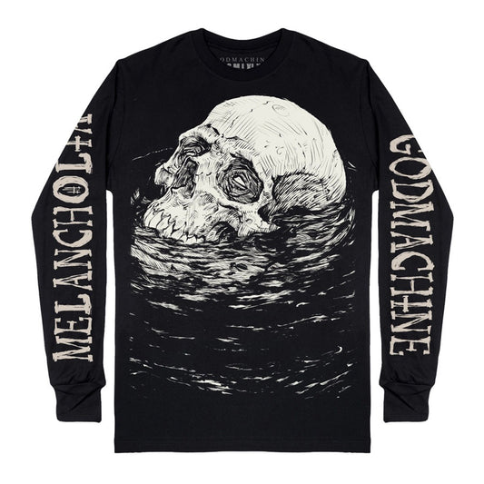 Long sleeve Unisex t-shirt featuring oversized graphic skull floating in water with the word Melancholia down one sleeve and Godmachine brand name printed down the other.