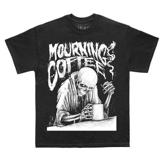T-shirt with illustrative drawing of a Cloaked skeleton with a mug of coffee and cigarette with large mourning coffee slogan.