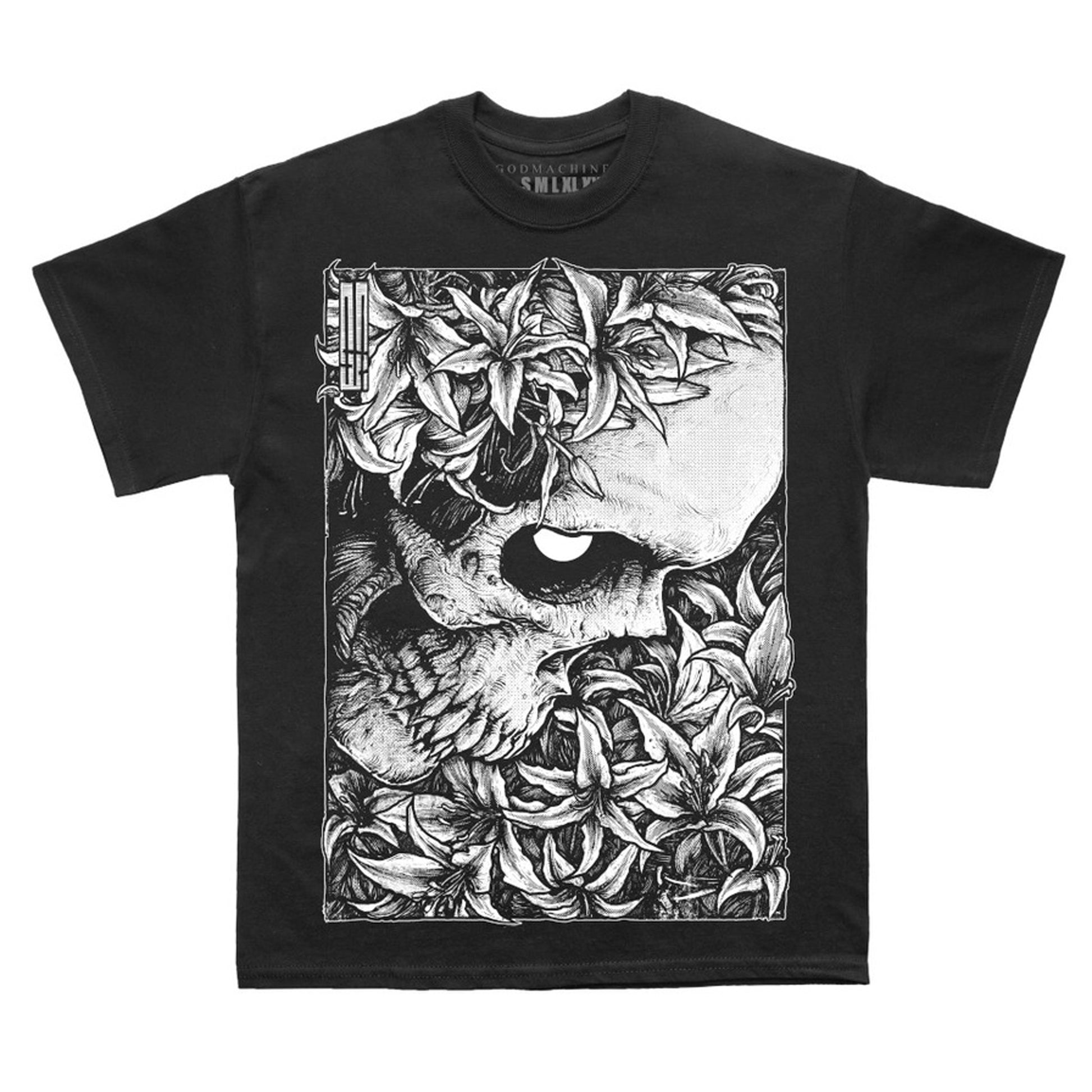 Black t-shirt with oversized rectangular print of skull in profile amongst flowers and foliage. A striking illustration by artist Godmachine.