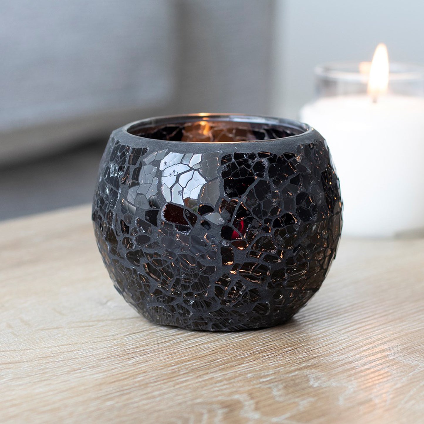 SMALL CRACKLE GLASS CANDLE HOLDER Black