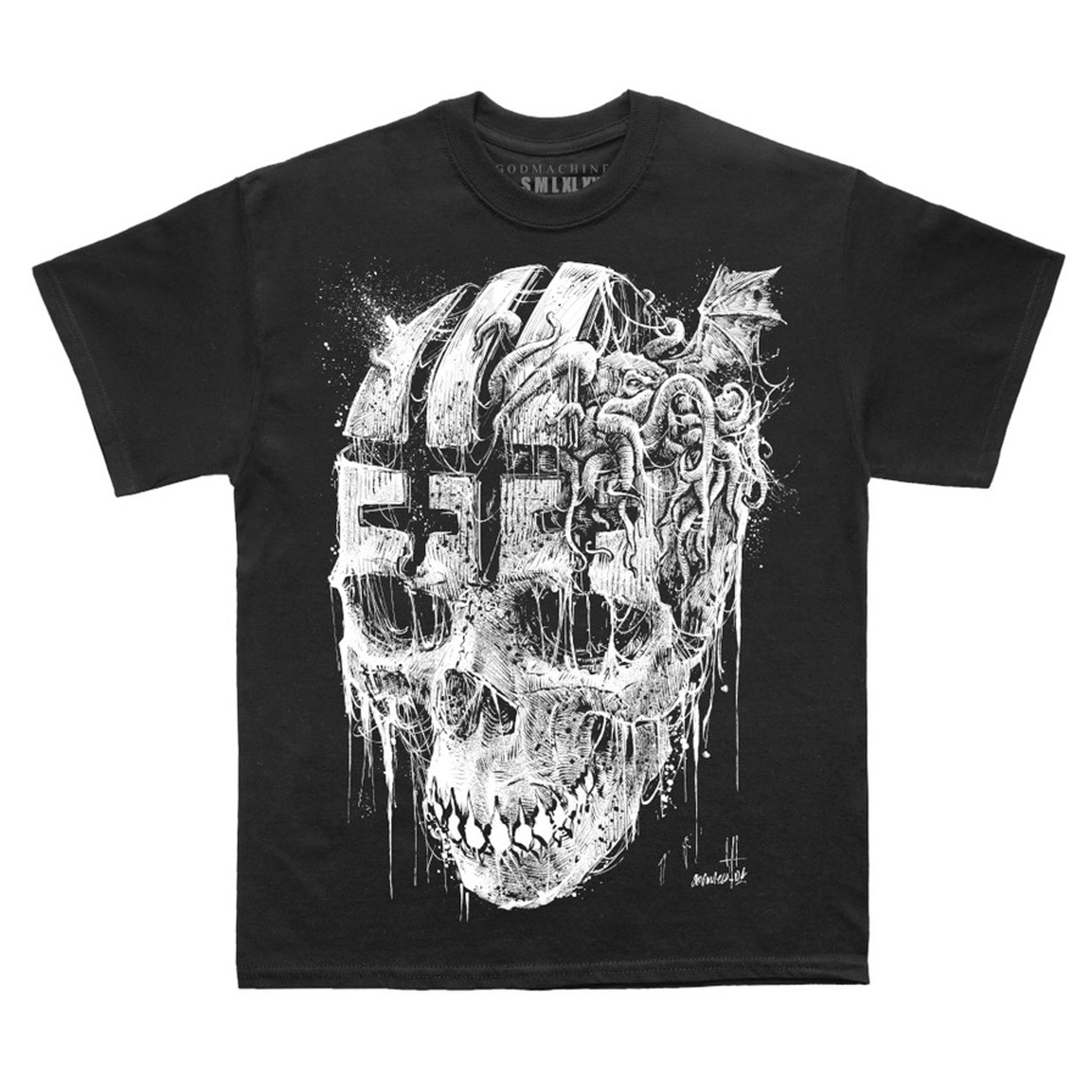 Black t-shirt with large print of skull with a cryptid creature with tentacles and wing pushing out of the forehead.