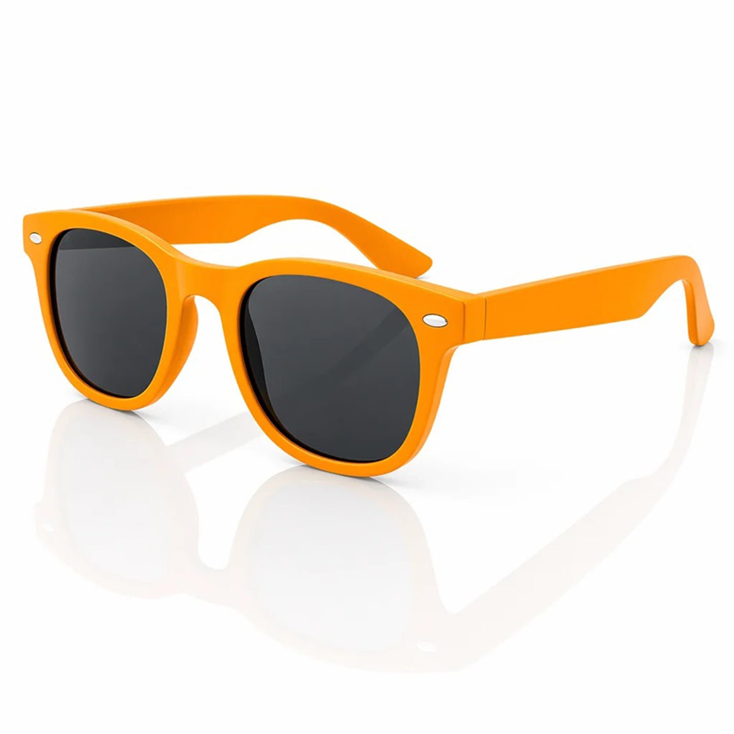 Orange sunglasses with black lenses on a white background.