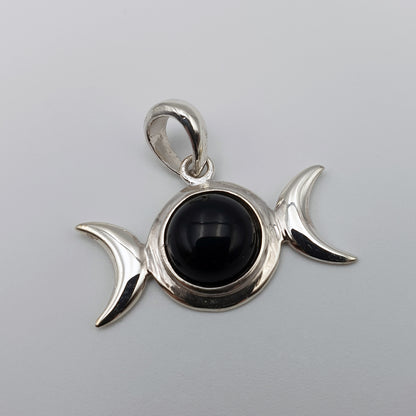 BLACK ONYX Triple Moon Silver Pendant
