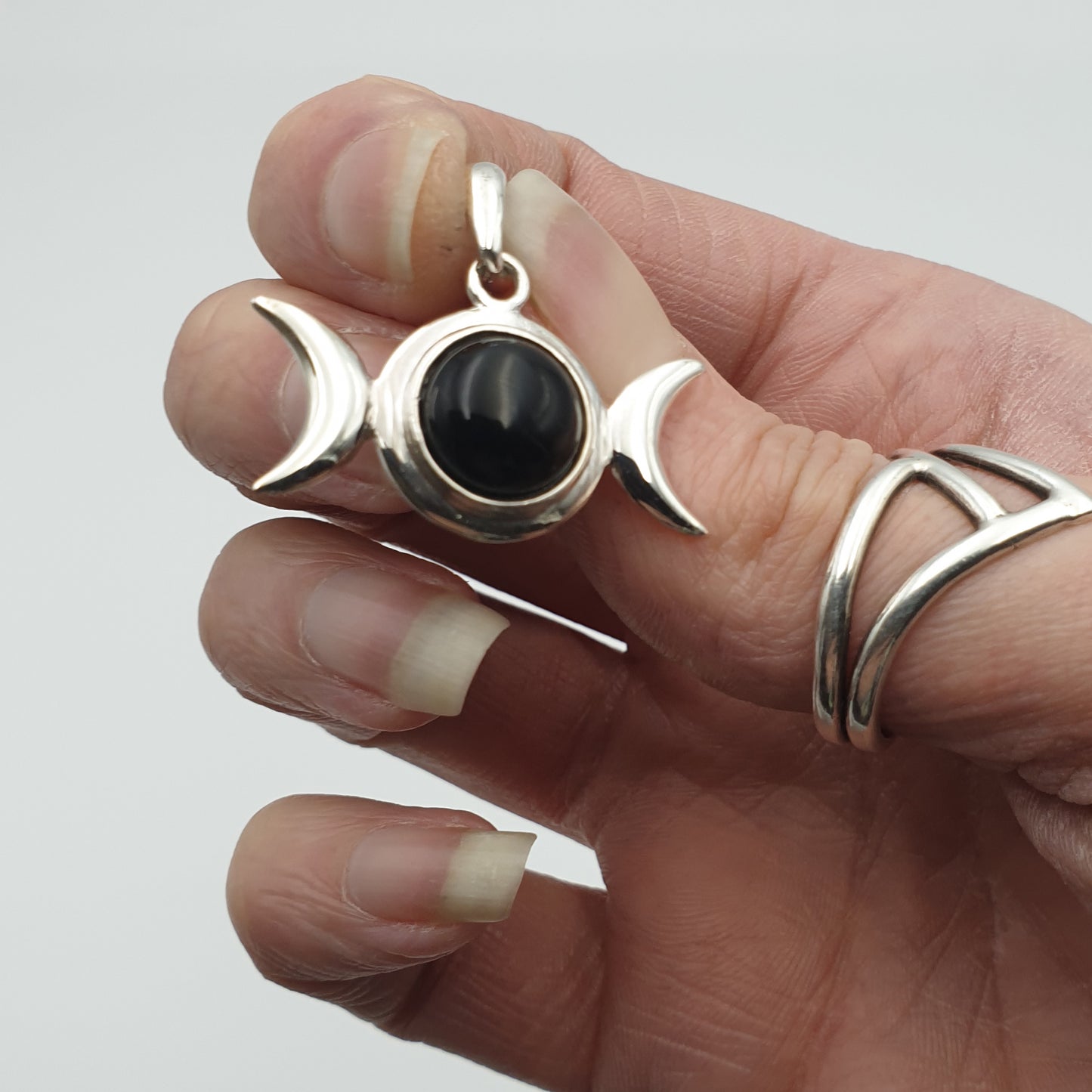 BLACK ONYX Triple Moon Silver Pendant