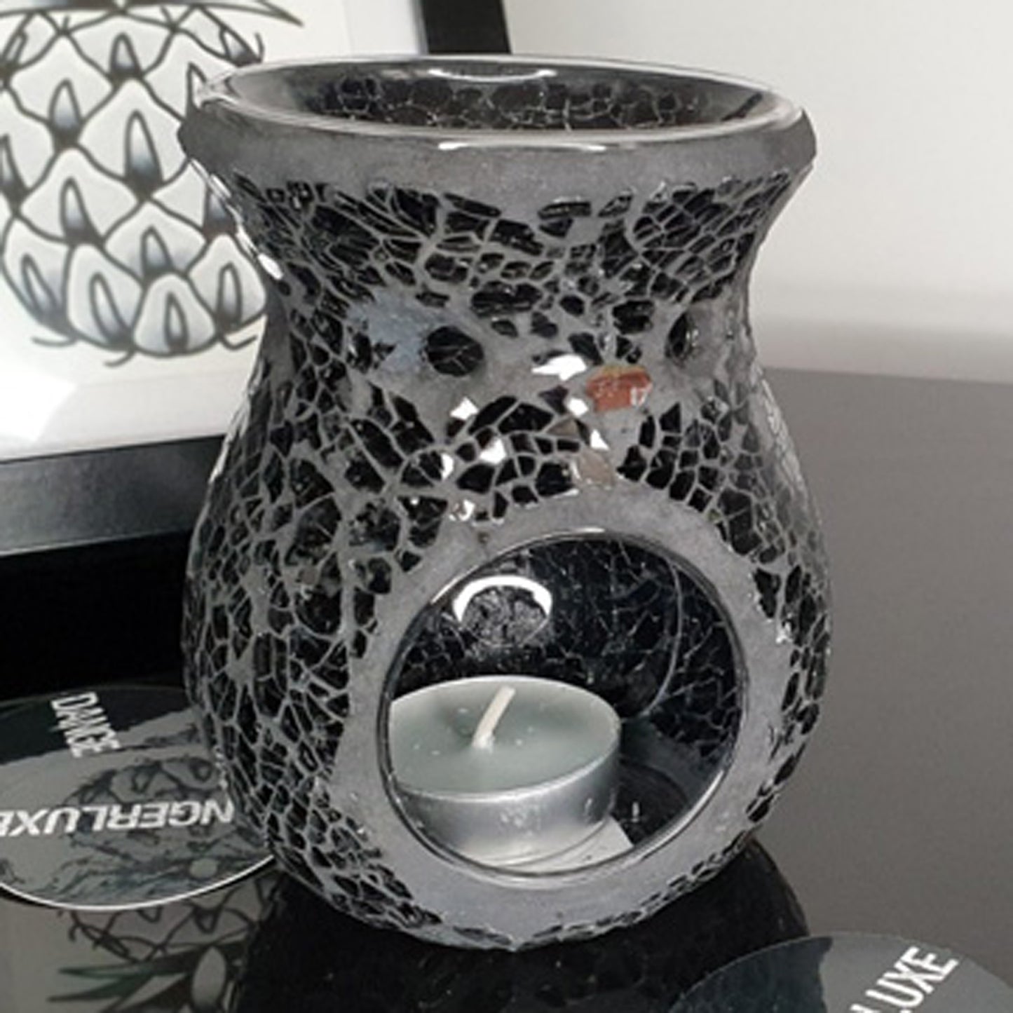 SMALL CRACKLE GLASS OIL BURNER Black